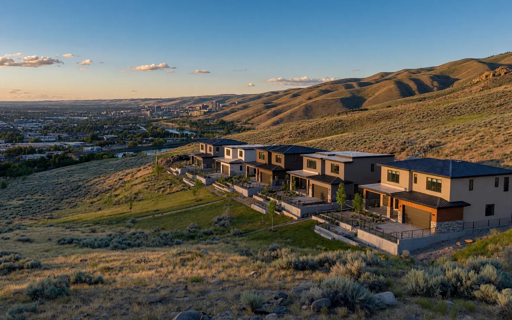 Illustrative image of homes stepping up a foothill with valley views