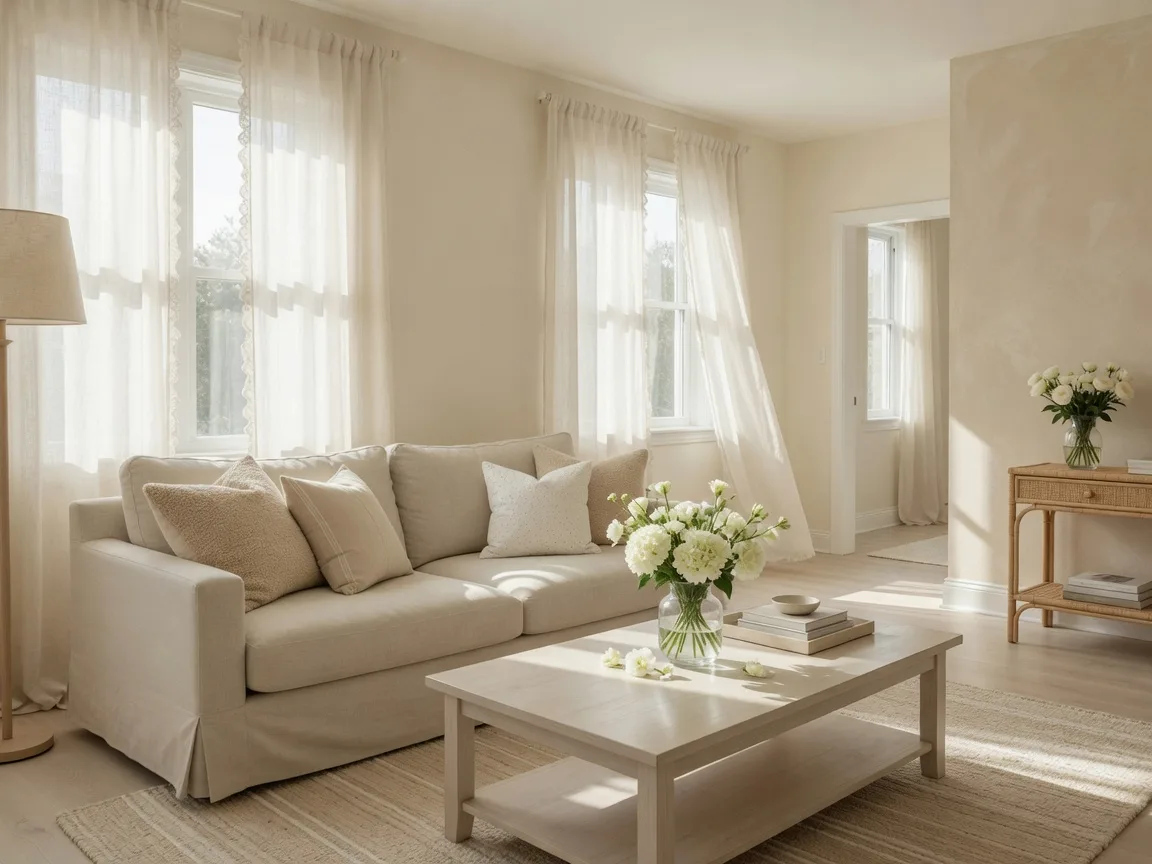 Brightly staged coastal living room with fresh flowers and sunlight, ready for showings