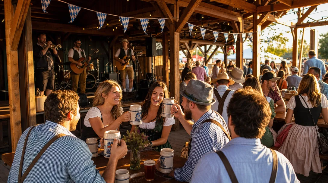 Cabin Boys Brewery Oktoberfest celebration in Tulsa with guests at picnic tables under a pavilion with live music and festive bunting
