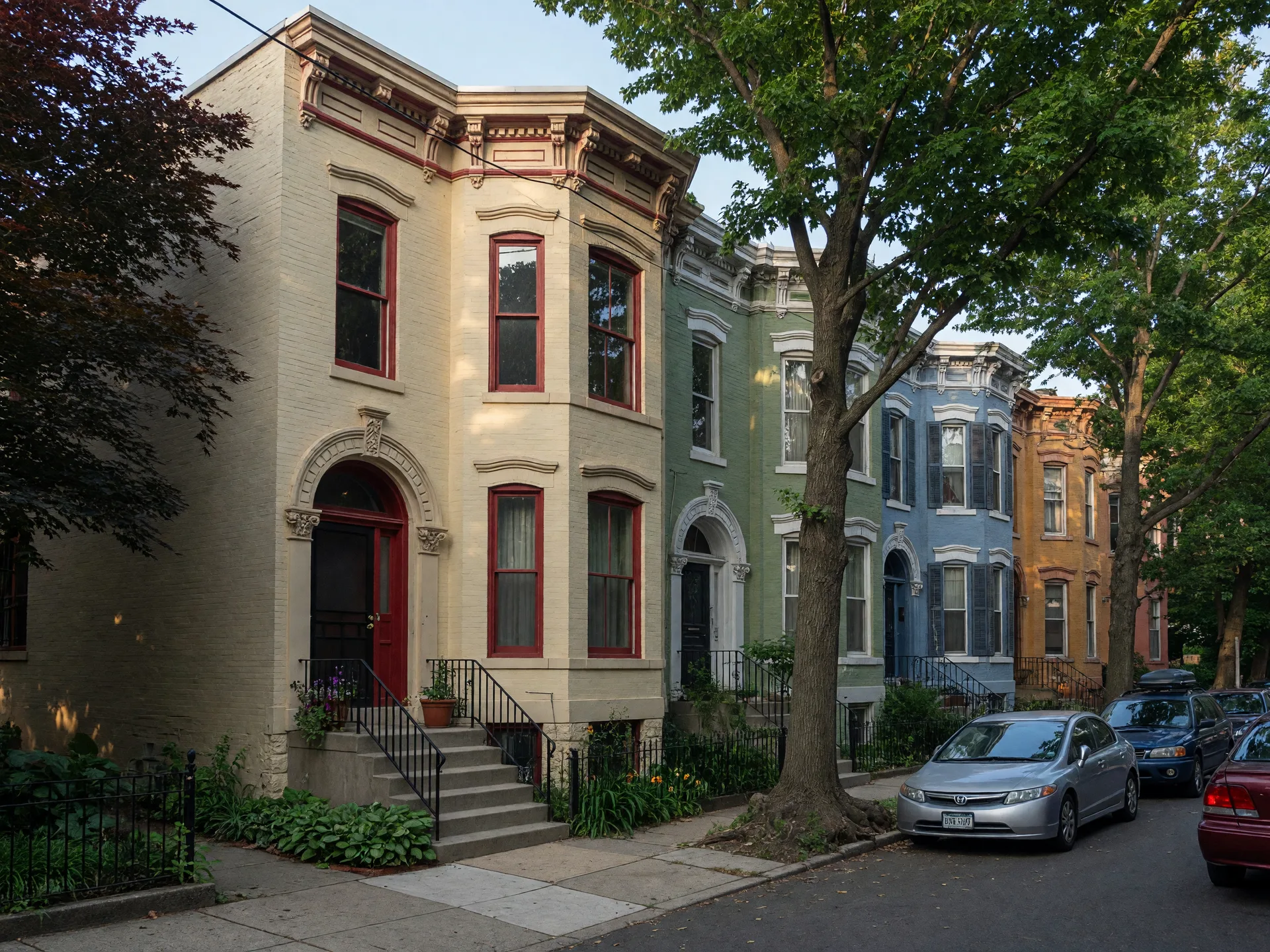 A Washington DC Victorian rowhouse with a bay window on a tree-lined street