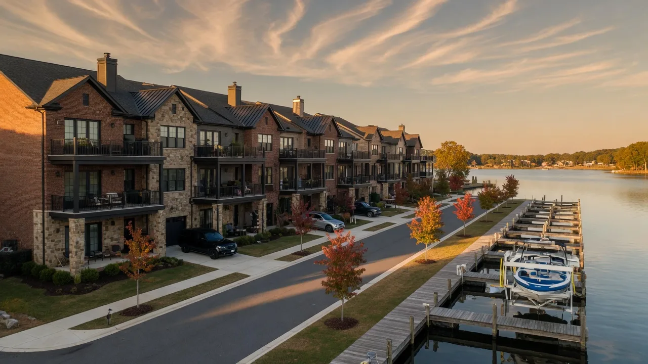 Newly built stone-and-brick townhomes on a quiet Lake Norman street