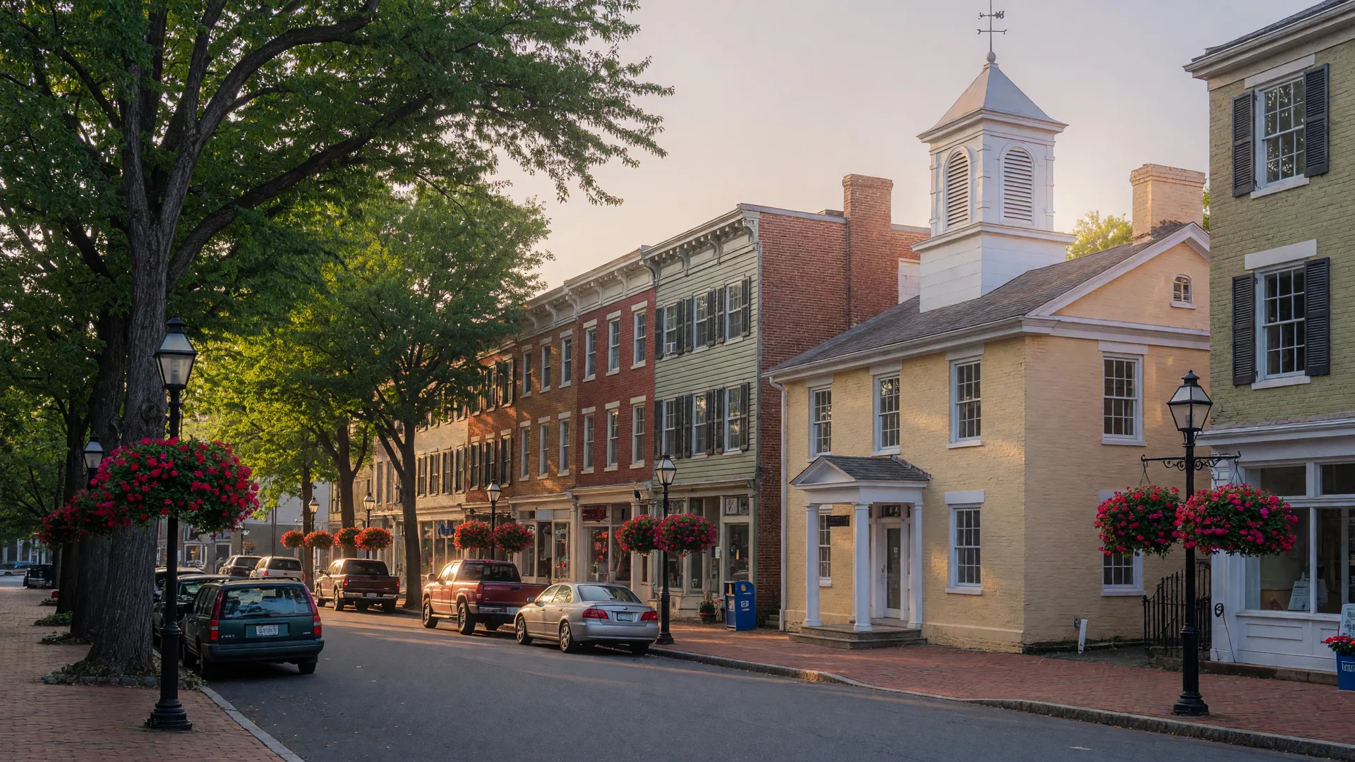 Historic Old Town Fairfax with brick and clapboard buildings, a courthouse-style structure, flower baskets, and morning light