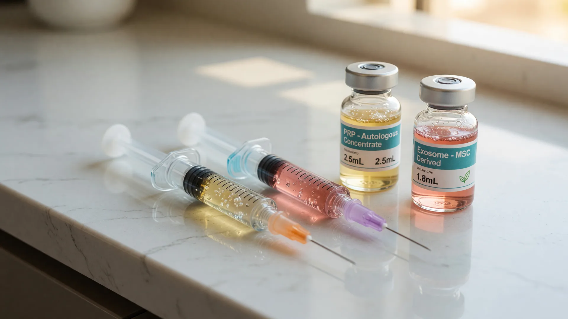 Two prepared syringes beside small glass vials on a bright clinic counter, representing PRP and cell-based therapy