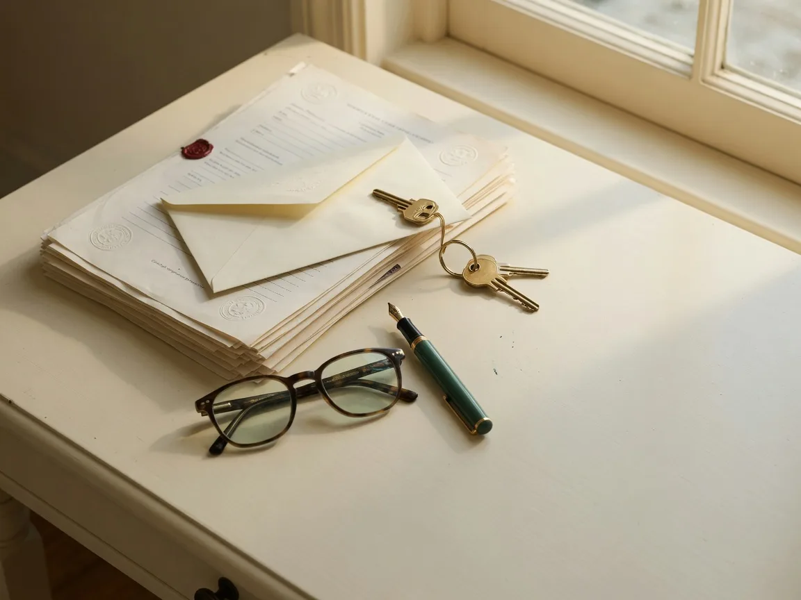 Estate documents with a will envelope, a brass house key, and a fountain pen on an ivory desk