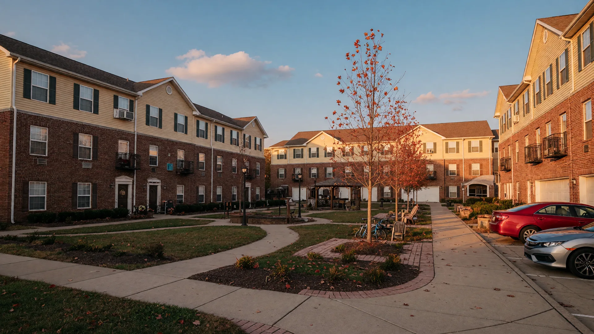 Garden-style apartment buildings with brick and vinyl siding around a landscaped courtyard in Bowling Green at golden hour
