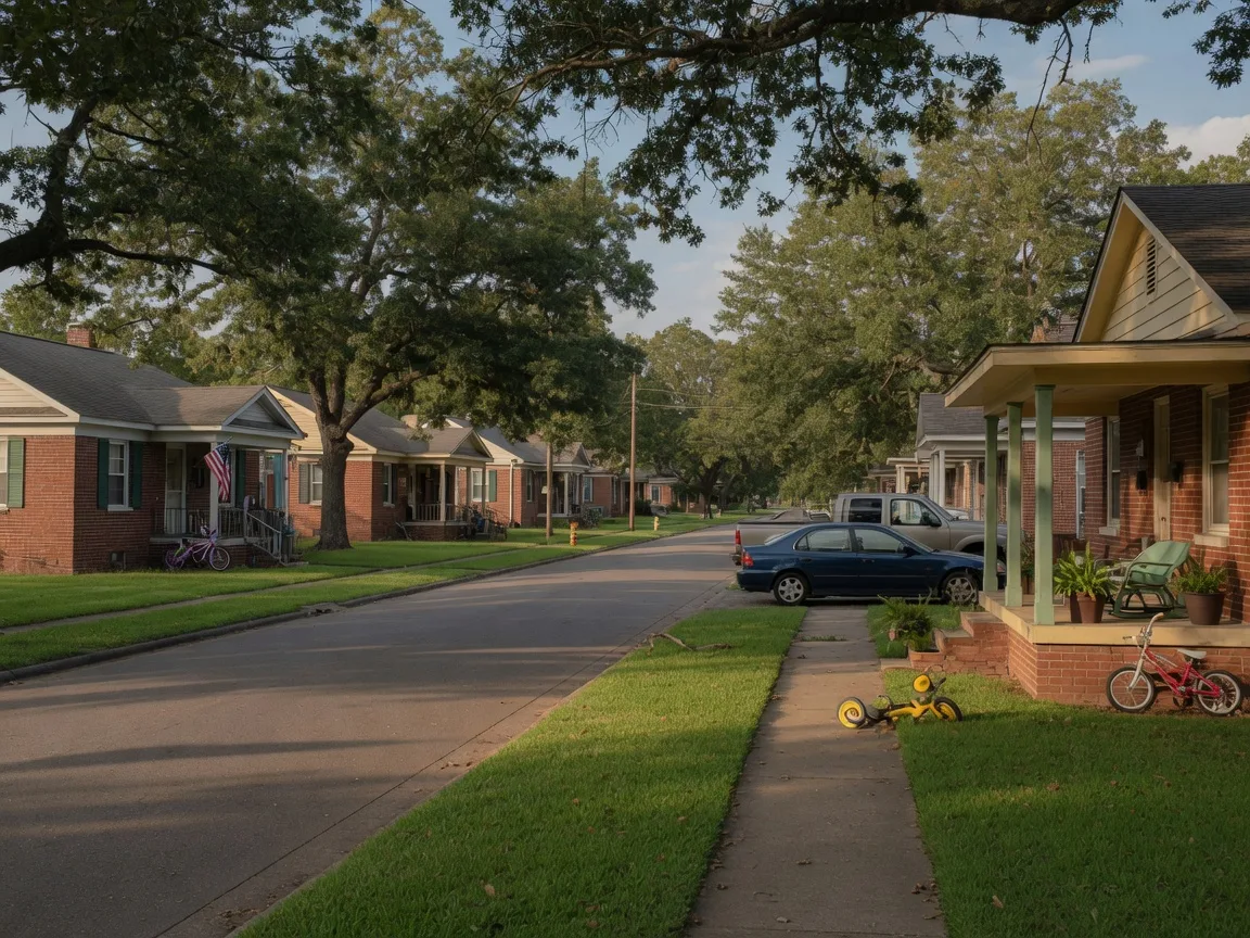 A quiet tree-lined street of brick and siding homes with front porches in Bowling Green at golden hour