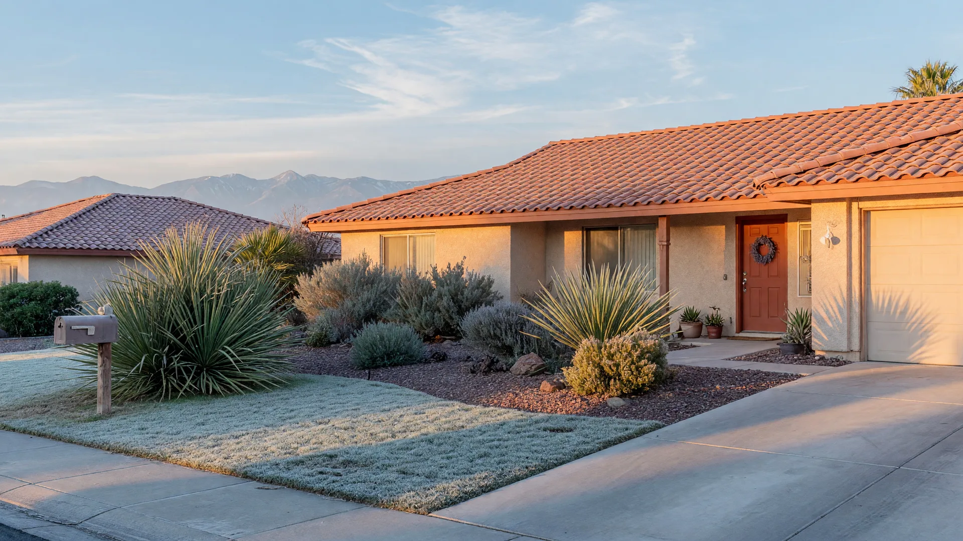 A sand-tone stucco Las Vegas home with frost in the desert landscaping on a crisp late-autumn morning