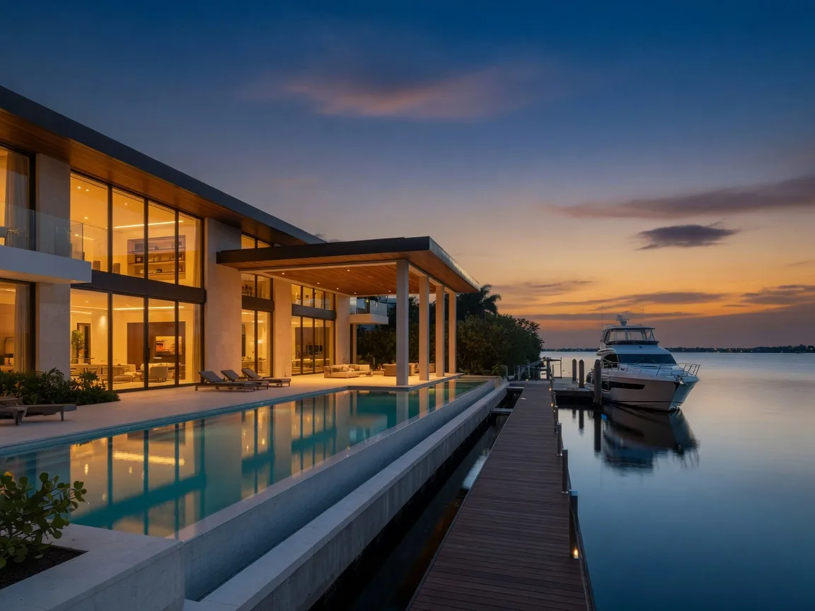 Modern luxury waterfront home with pool and dock at dusk in South Florida