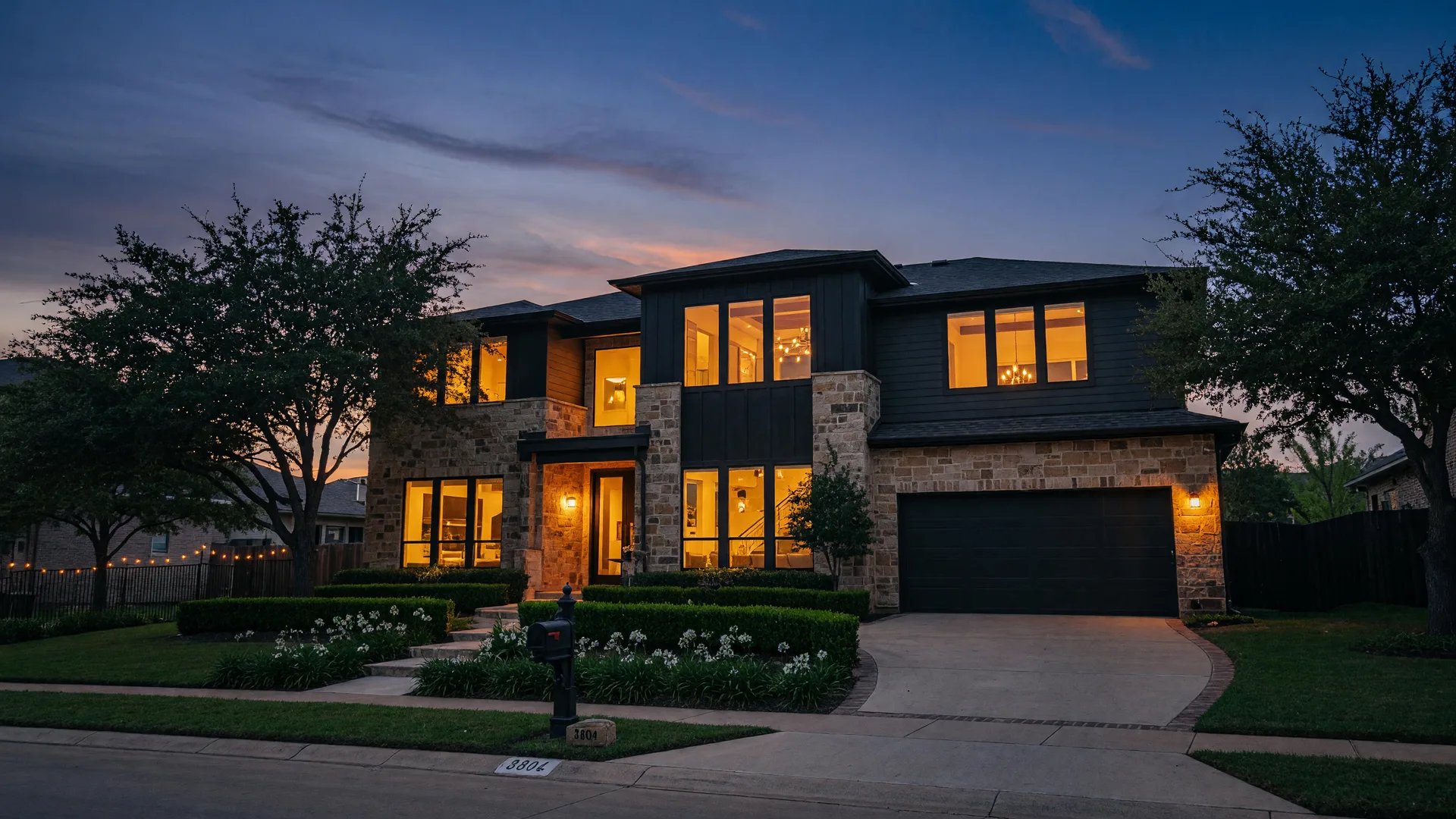An upscale two-story Collin County suburban home with warm lights glowing at dusk