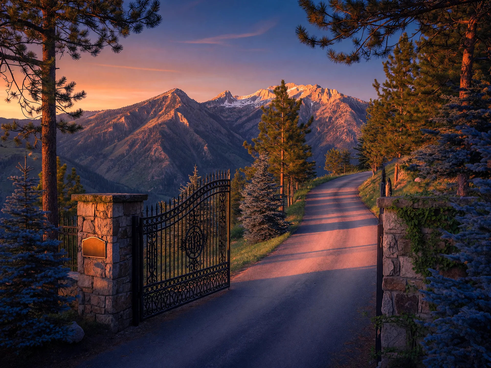 Private gated entrance to a luxury mountain estate, Wasatch mountains glowing at sunset