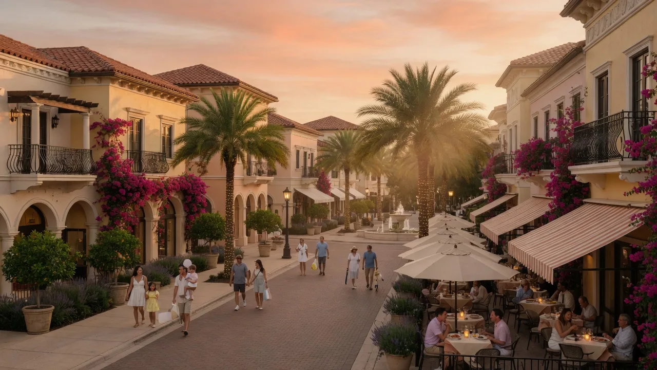 Lakewood Ranch Main Street district at golden hour with Mediterranean architecture, outdoor dining, and palm trees lining the walkable street