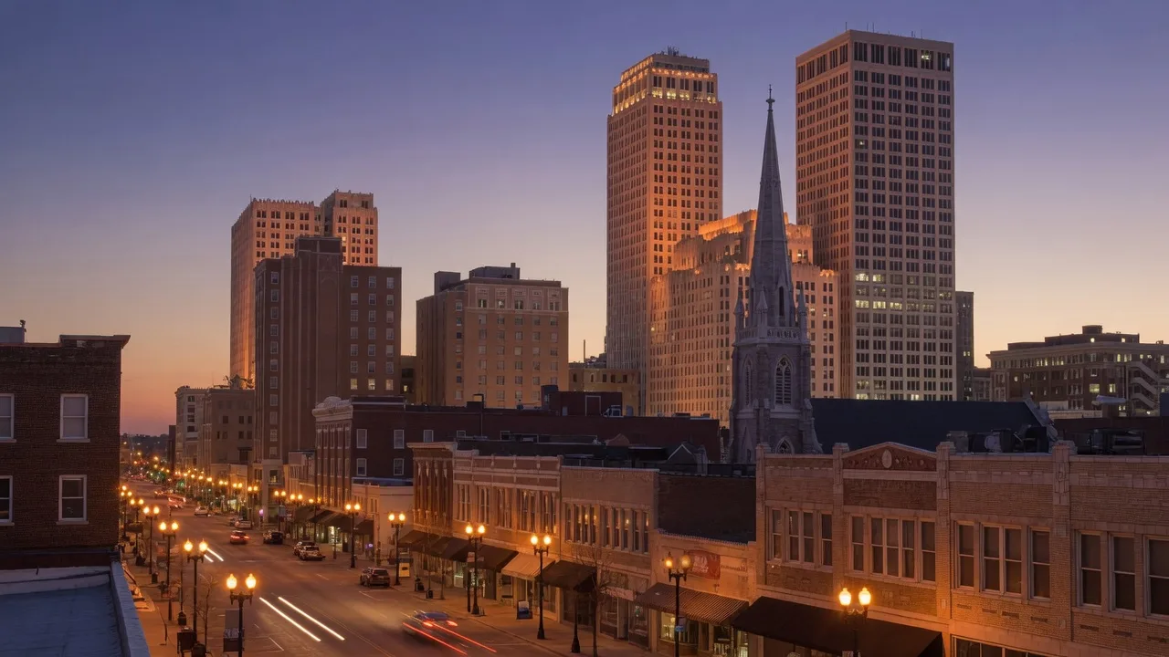 Downtown Tulsa's historic Art Deco skyline at dusk, terra-cotta towers and a slender stone spire rising above amber-lit city streets