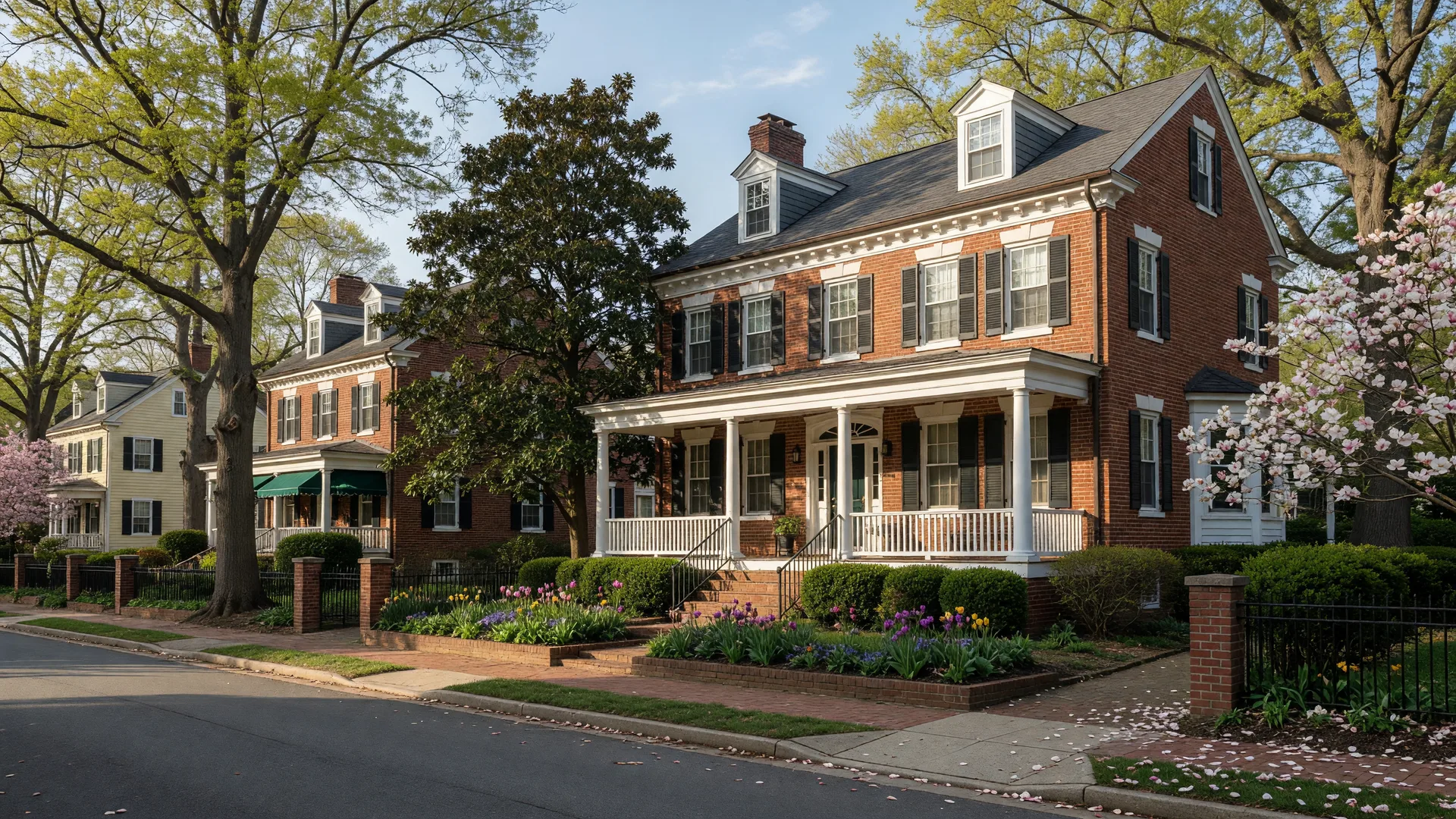 Colonial revival home on a tree-lined street in Falls Church, Virginia