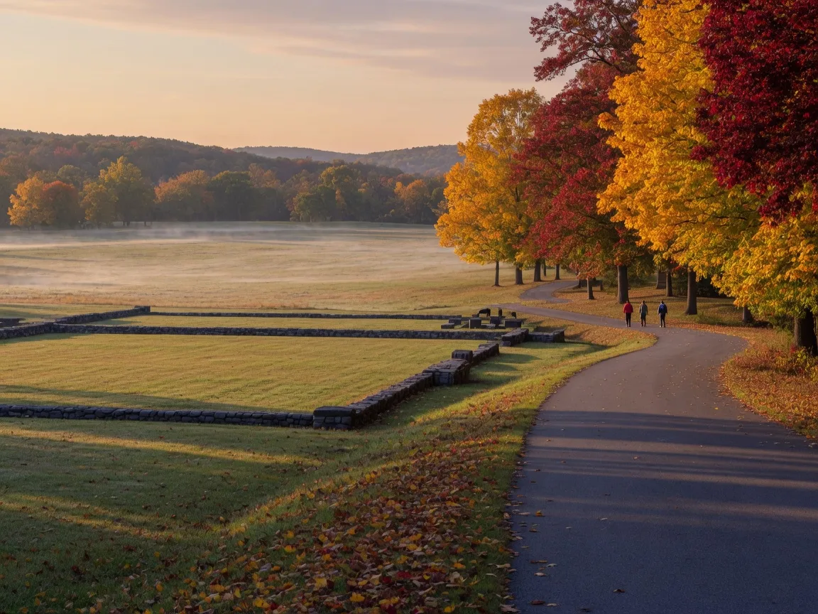 Valley Forge National Historical Park in early autumn with golden sugar maples and red oaks lining a winding park road