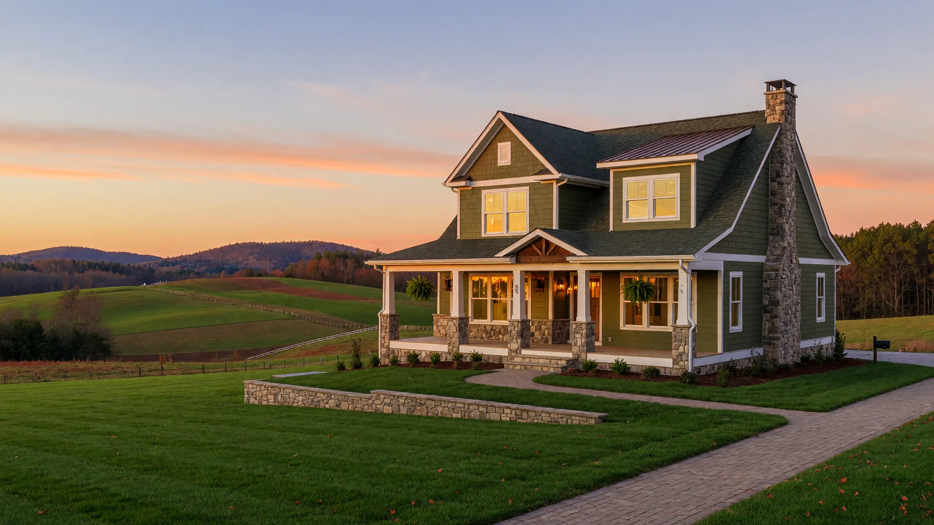 Newly built craftsman-style home in Orange County, Virginia at golden hour with rolling hills in the background