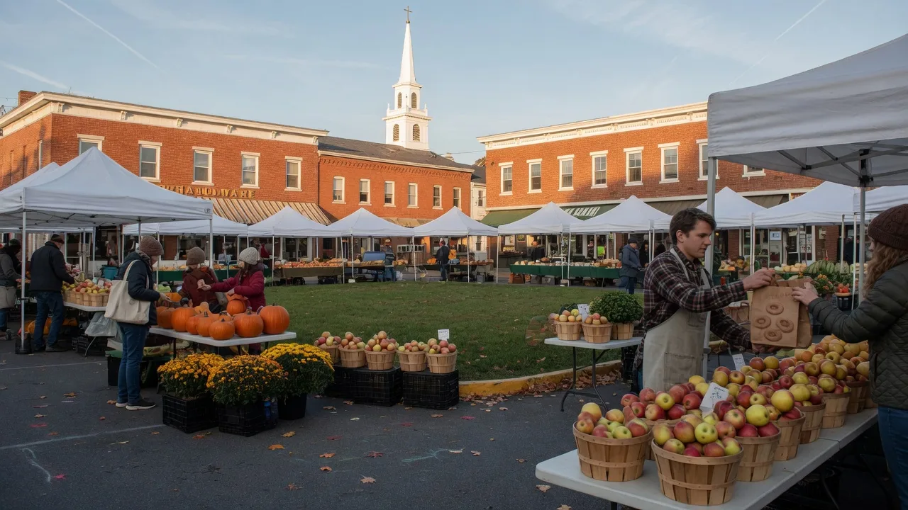 A small-town Pennsylvania farmers market circle on a crisp October morning, white stalls ringing the central green, bushels of heirloom apples, piles of pumpkins and mums in orange and gold, a vendor handing a paper bag of cider donuts to a customer, red-brick storefronts and a church steeple behind, golden light