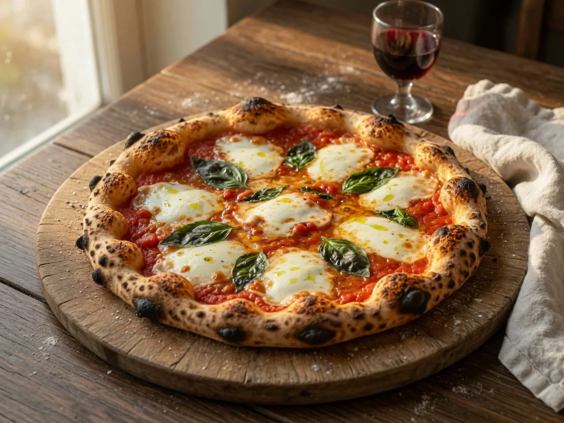 An authentic Margherita Neapolitan pizza at D'Italia Pizzeria Napoletana in Flowery Branch Georgia, with leopard-spotted charred crust, fresh mozzarella, and basil