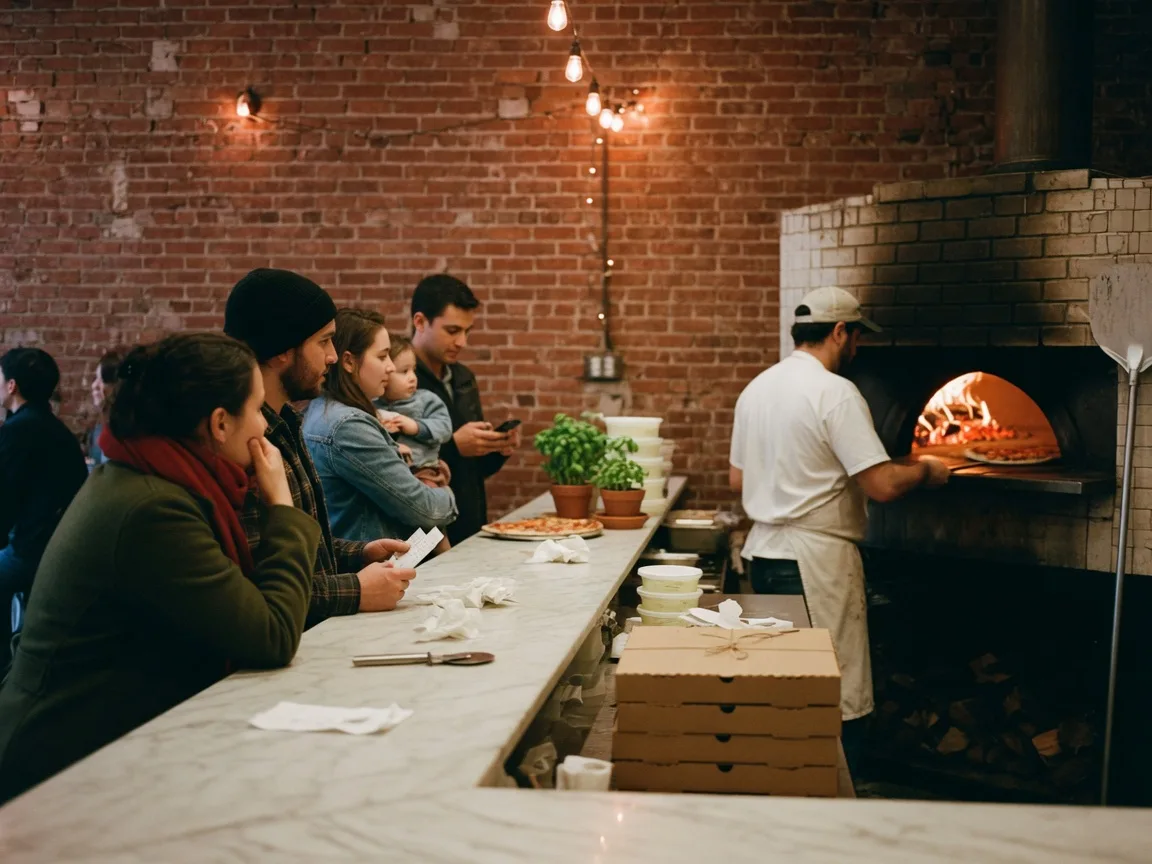 Pizzeria Beddia interior with wood-fired oven and marble counter in Philadelphia