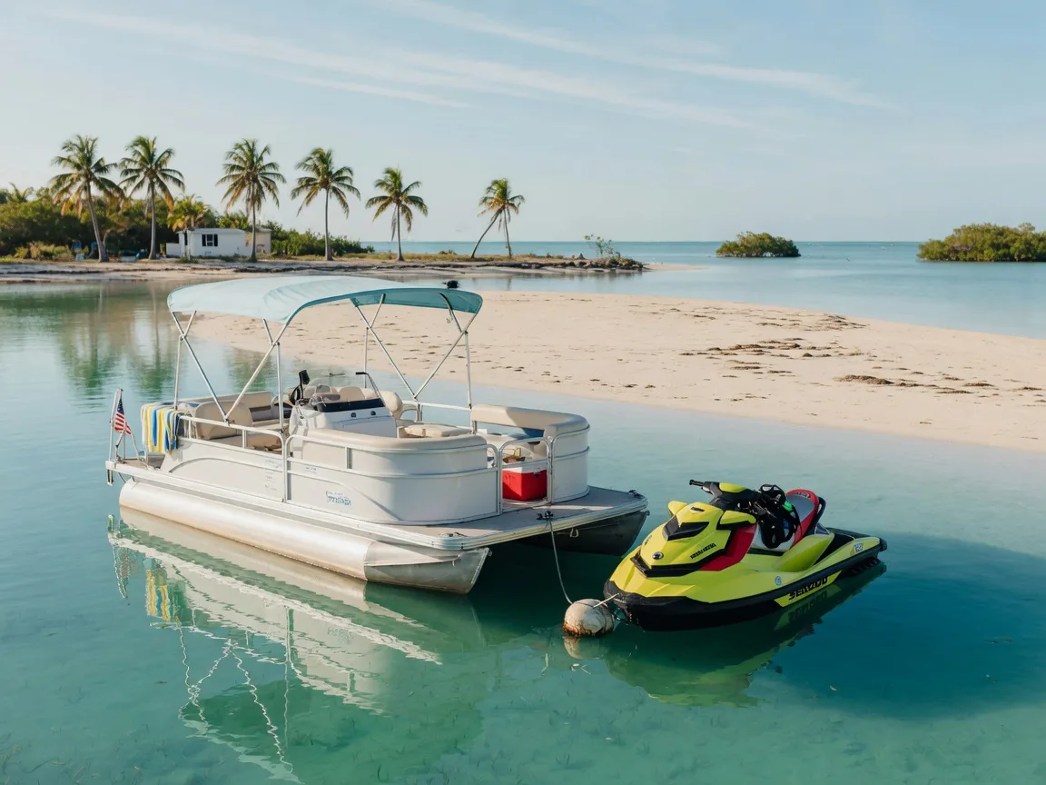A rented pontoon boat and jet ski moored side by side in calm turquoise bay water in Islamorada, Florida Keys, with a palm-lined shoreline in the background