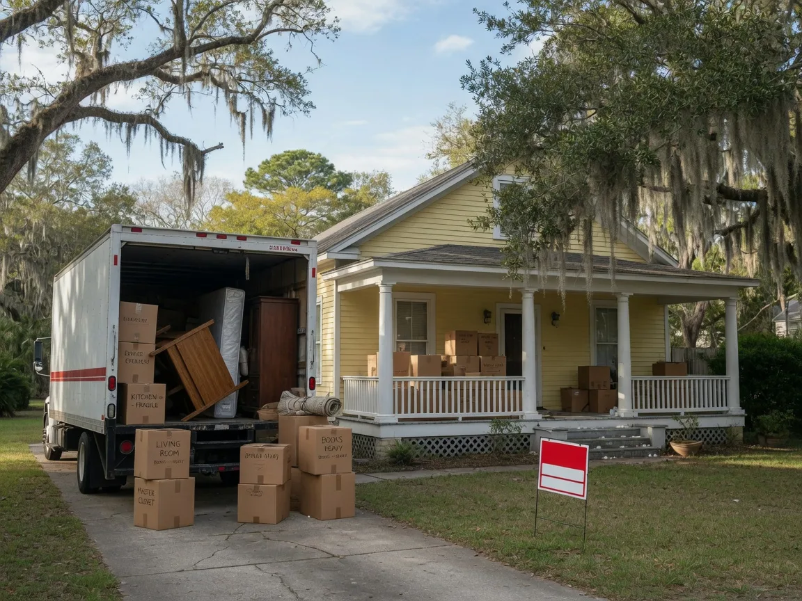 A moving truck in the driveway of a Lowcountry home on moving day, with boxes on the front porch and live oaks draped in Spanish moss