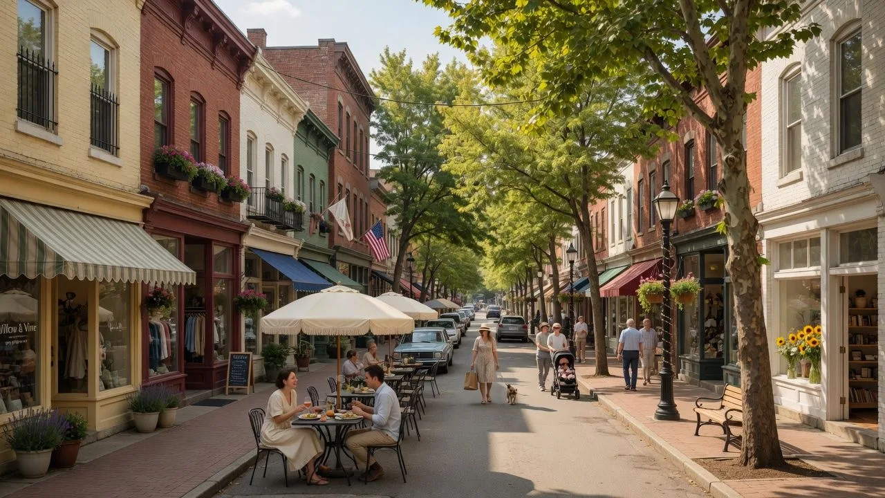 Walkable downtown Ambler, Pennsylvania with boutique storefronts and outdoor dining on a sunny afternoon