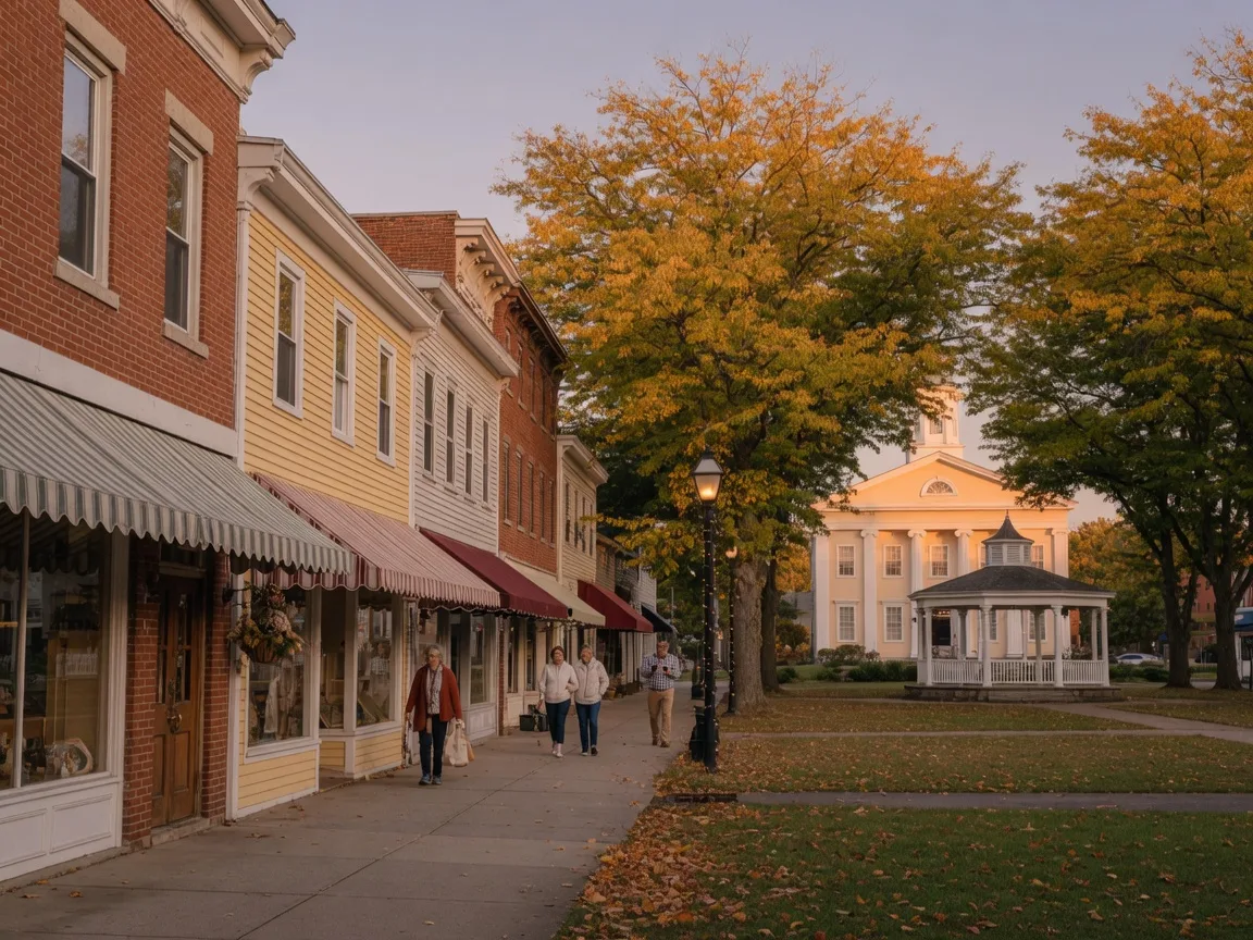 Historic brick and clapboard storefronts around the Milford Green in downtown Milford, Connecticut, with the Memorial Town Hall and a white bandstand among early autumn trees