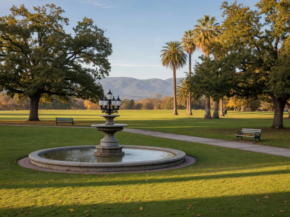 Applegate Park in Merced, California on a clear autumn afternoon, the historic Laura Fountain on a broad green lawn, valley oaks and palms just turning gold, a paved walking path and wooden benches under the trees