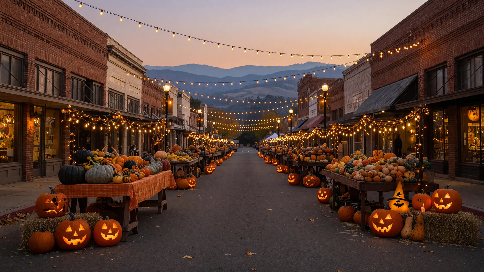 A festive Halloween evening in downtown Merced on October 31, a closed-off historic street lined with glowing string lights and autumn market stalls, tables of pumpkins and winter squash, carved jack-o'-lanterns glowing beside hay bales, warm amber light against a dusk sky with the Sierra Nevada foothills hazy on the horizon