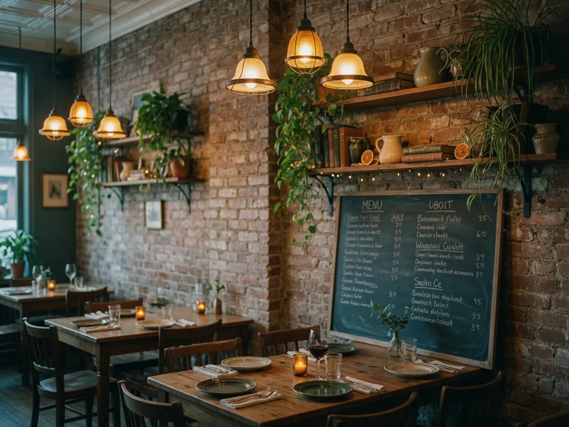 A cozy restaurant interior with exposed brick and warm lighting