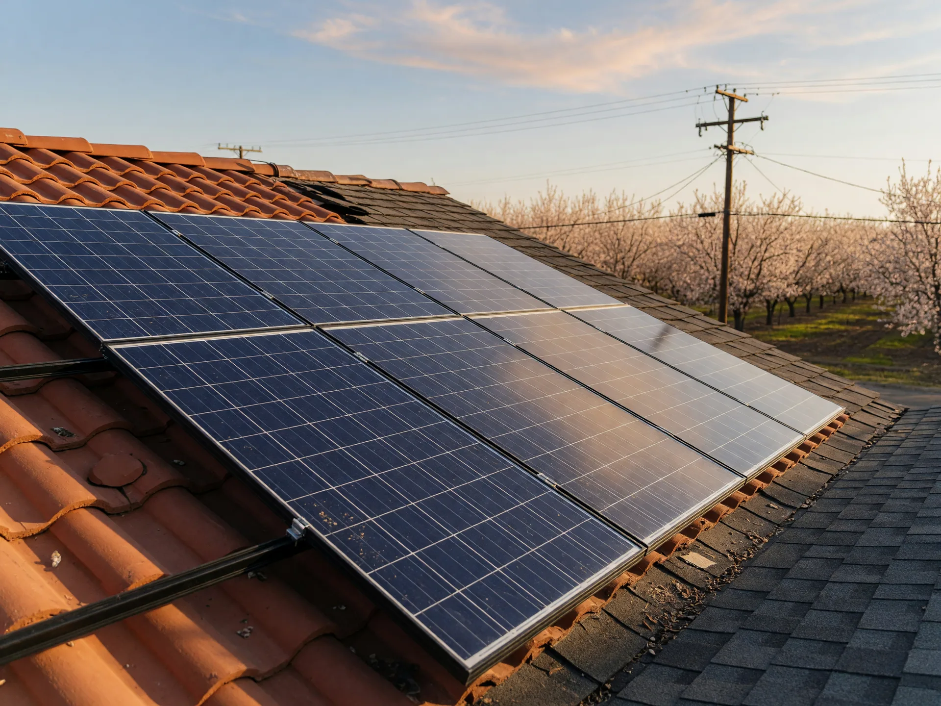 A close view of a dark blue rooftop solar panel array on a Central Valley California home in late-afternoon golden light, panels catching the sun with an almond orchard and utility pole in the background