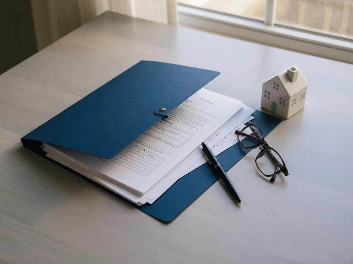 A navy-blue folder of property documents with a pen, reading glasses, and a small ceramic house model on a desk
