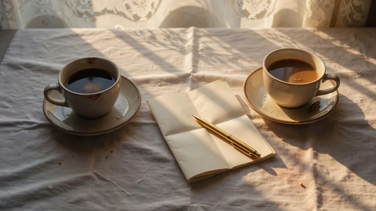 Two coffee cups and a folded document with a gold pen on a cream table in golden afternoon light