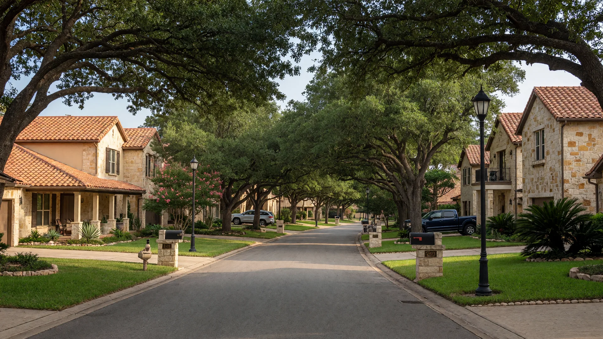 Tree-lined residential street in Stone Oak with traditional stone homes