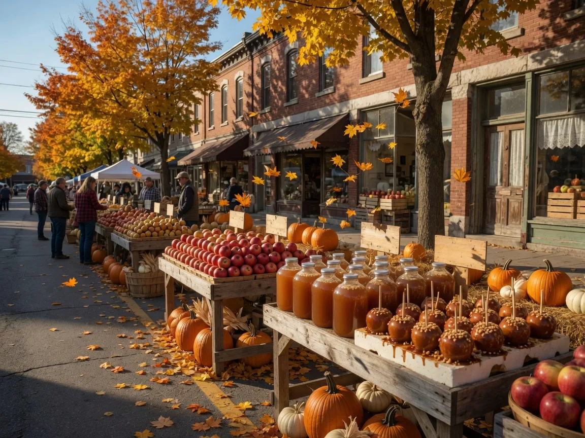 A sunny October afternoon at a small-town Ontario apple festival, wooden vendor stalls stacked with baskets of shiny red apples, jugs of apple cider and caramel apples on sticks, orange and gold leaves falling from mature maples and heritage brick storefronts behind