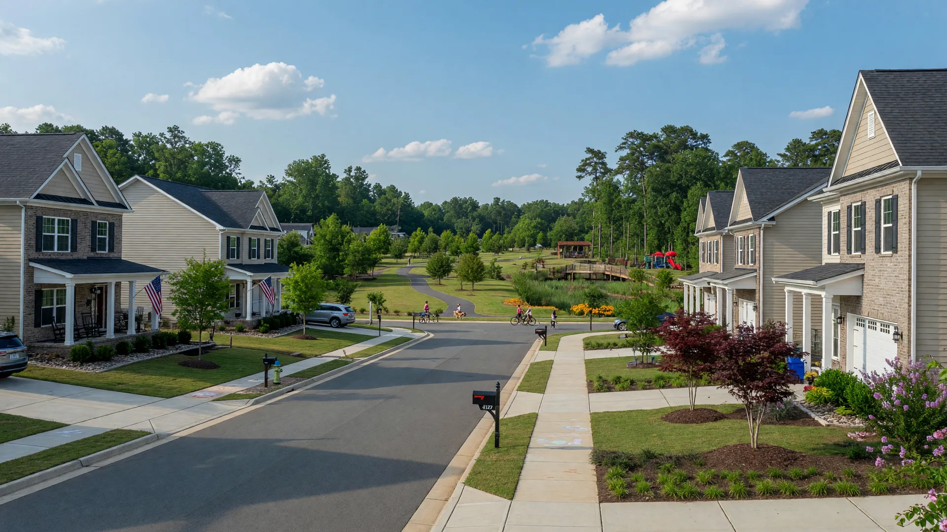 Steele Creek neighborhood in Charlotte with modern homes and community park