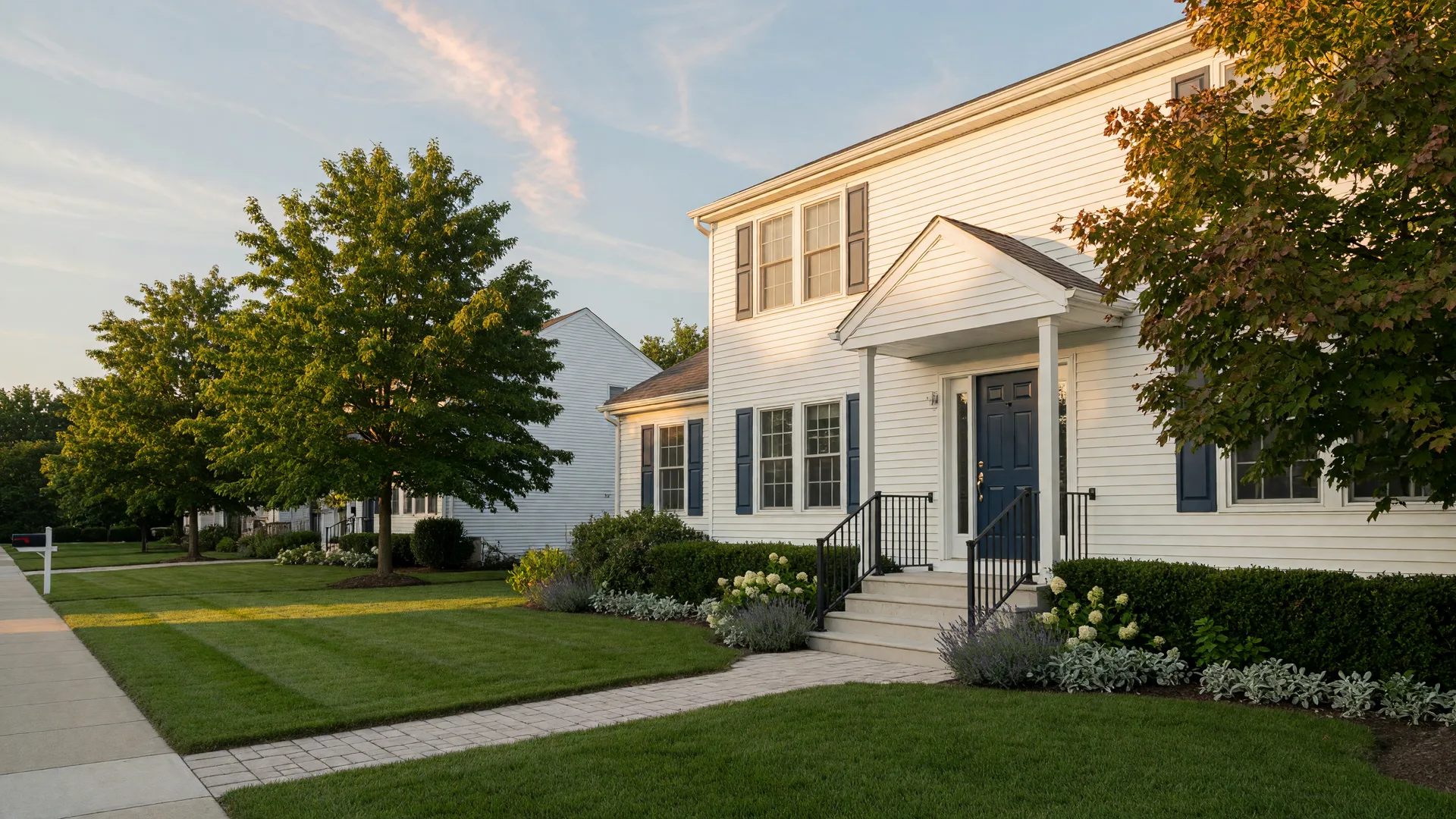 Bright modern home exterior with a welcoming navy front door in the San Gabriel Valley, the style of home Find Homes & Loans helps Pasadena-area buyers find and finance