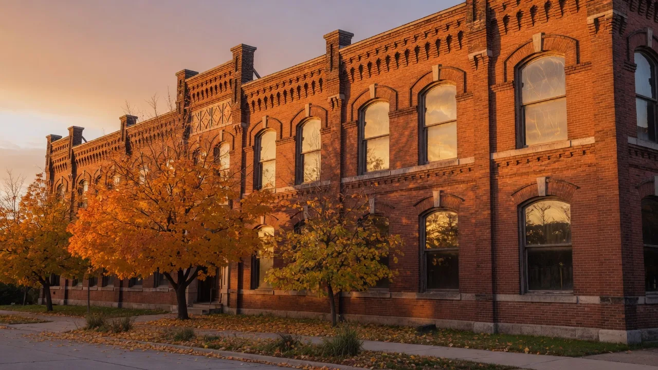 Ponce City Market's historic brick building at golden hour in early fall