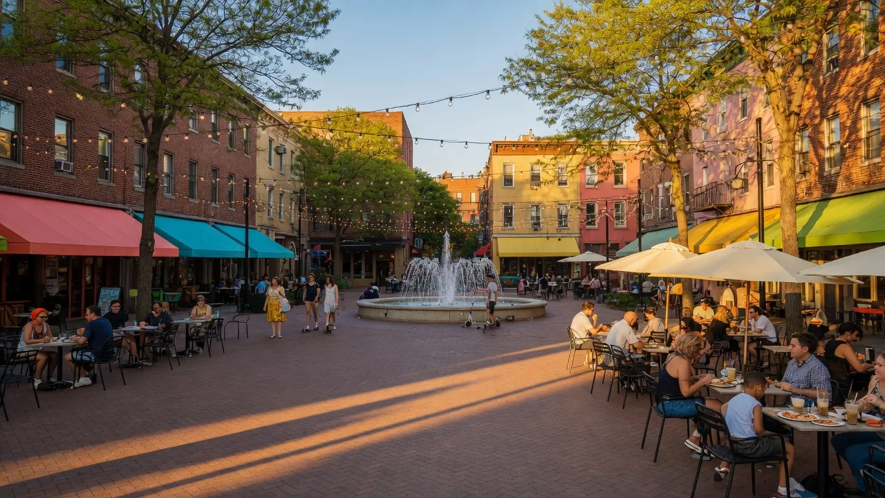 Piazza at Schmidts in Northern Liberties, Philadelphia with outdoor dining and mixed-use buildings