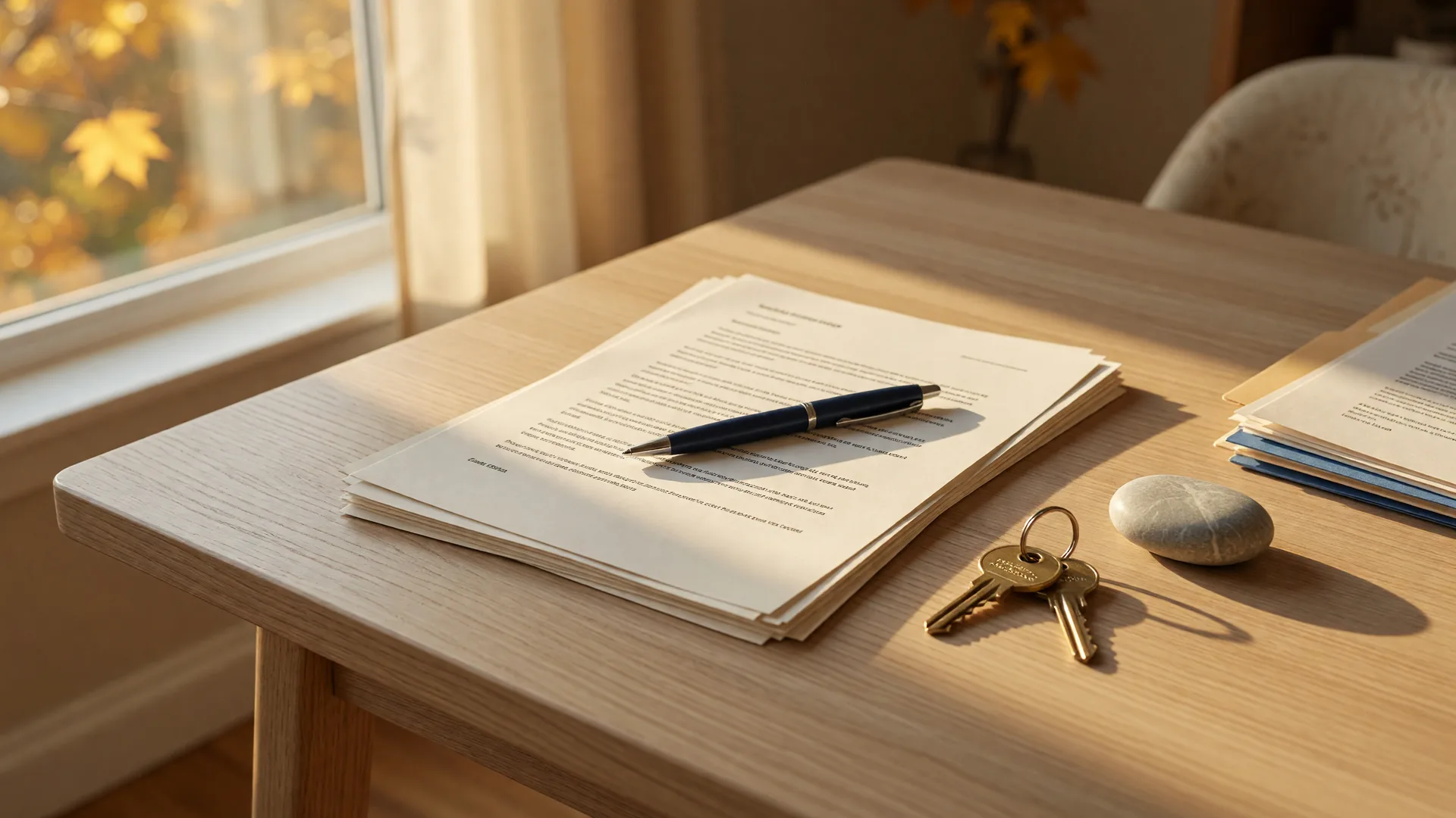 A warm still life of settlement documents, a pen, and a house key on a wooden table in golden light