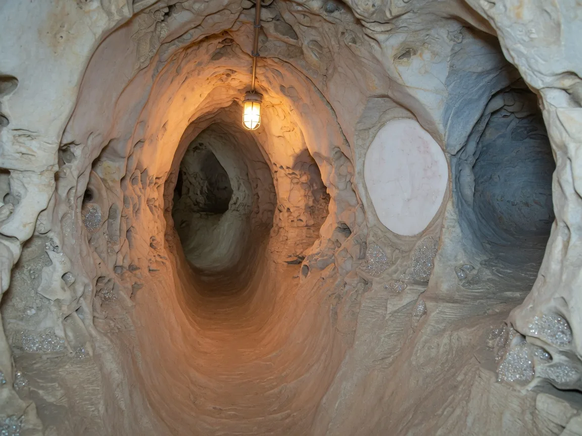 Narrow limestone passage inside Longhorn Cavern with smooth river-eroded walls and a warm light ahead