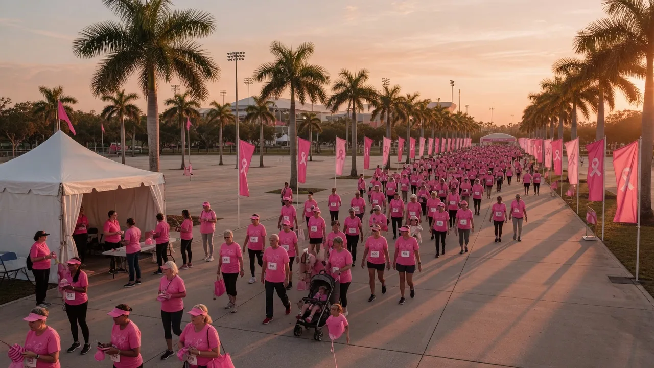 A large community walk at sunrise on the plaza at Paradise Coast Sports Complex in Naples, with people of all ages in pink shirts walking together past pink banners and a check-in tent under palm trees