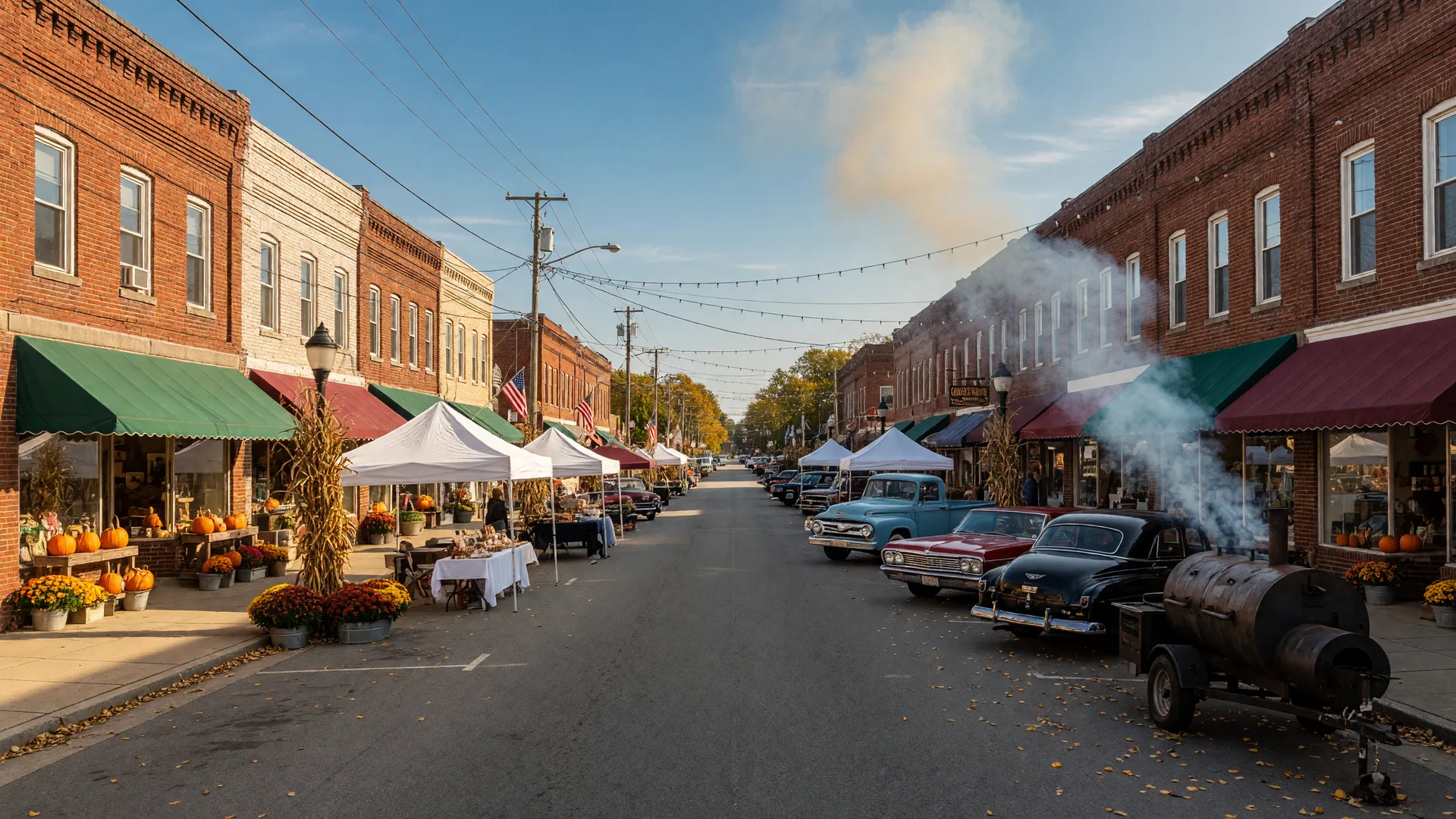 Classic cars parked beside white vendor tents on a small-town main street with a barbecue smoker, pumpkins, and historic brick storefronts in warm afternoon light