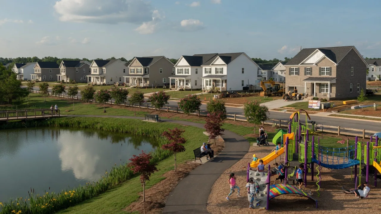 Indian Trail NC suburban neighborhood with park and pond