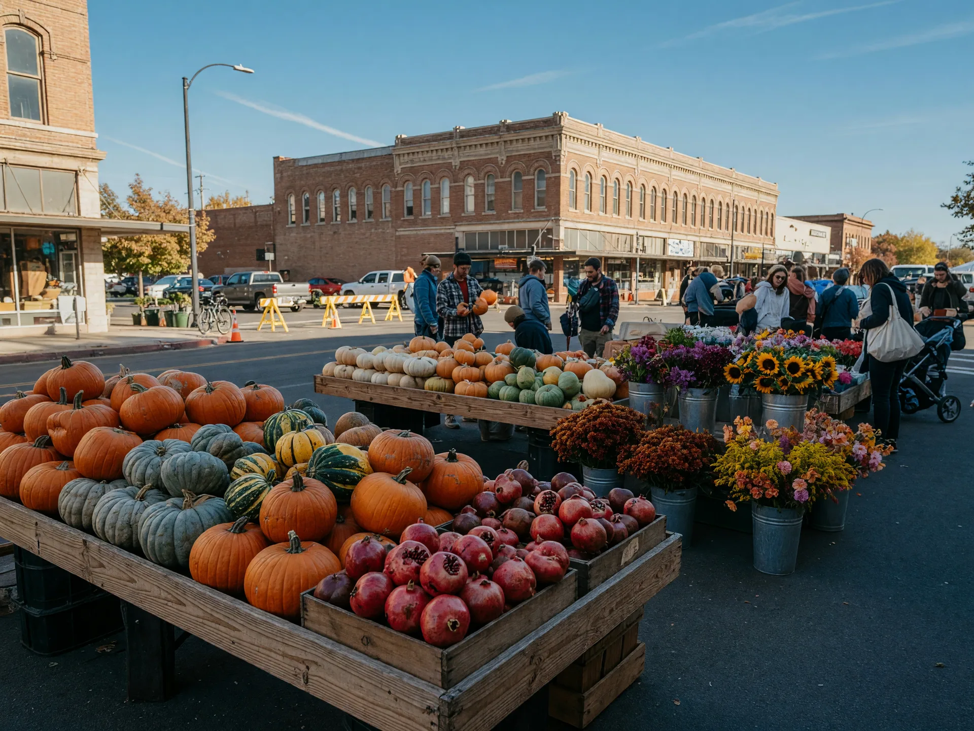A Central Valley farmers market on a Saturday morning in October, wooden stands piled with pumpkins, winter squash, pomegranates, and cut flowers, with historic brick storefronts behind the closed-off downtown street