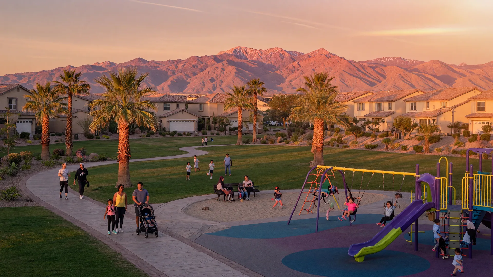 Family-friendly park in a Southwest Las Vegas master-planned community with playground, walking trails, palm trees, and the Spring Mountains
