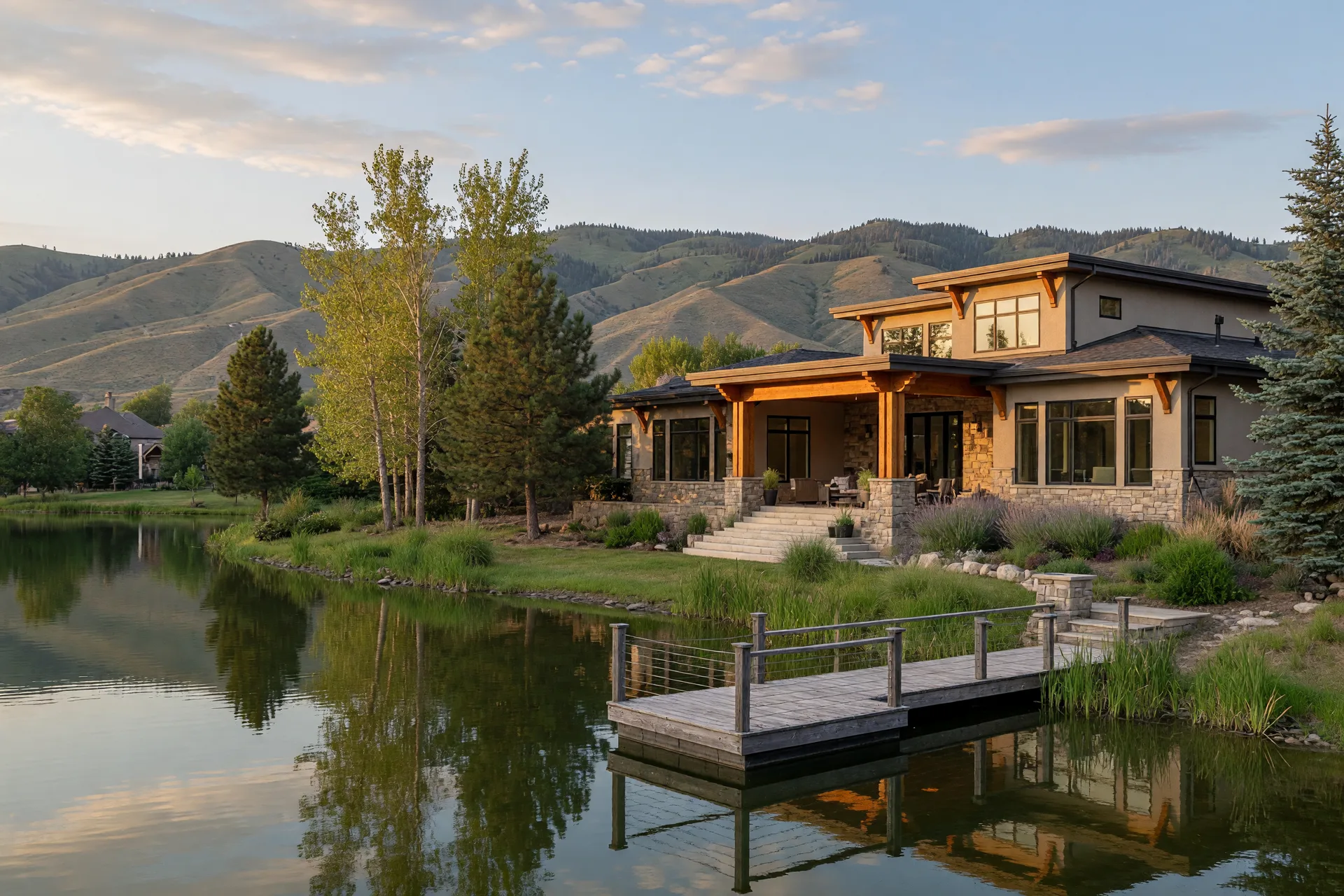 Illustrative image of a pond-side home