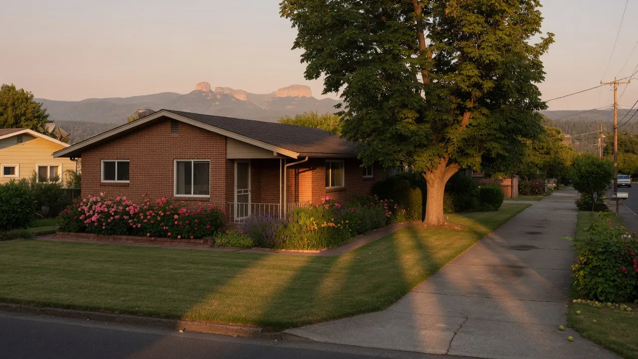 A mid-century brick bungalow on a leafy Medford street at late afternoon, walnut tree casting long shadows and the Table Rocks on the horizon