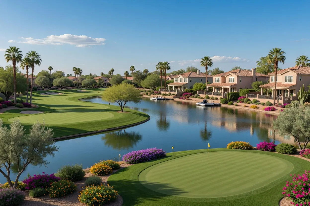 A wide view of the upscale golf-and-water setting at Ocotillo in Chandler, Arizona, with fairways and lakes