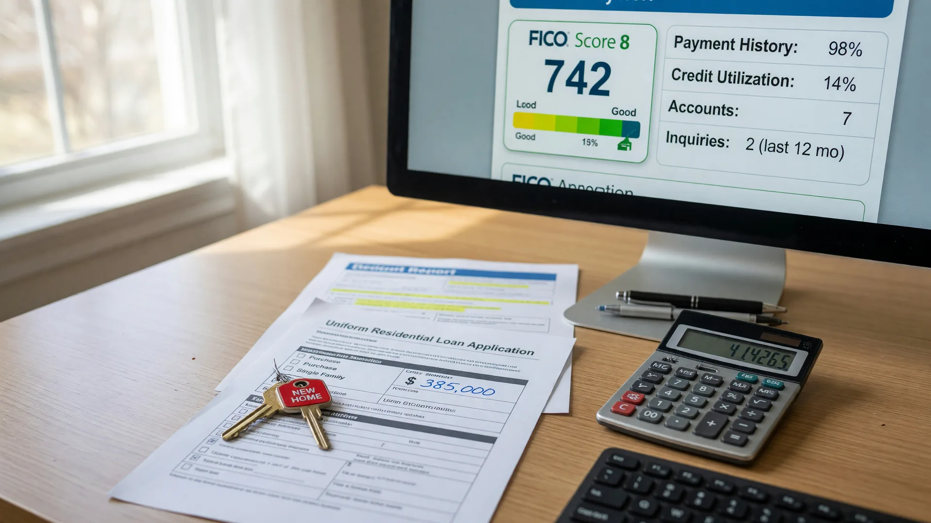 Credit report on a desktop monitor with mortgage application and house key on a wooden desk