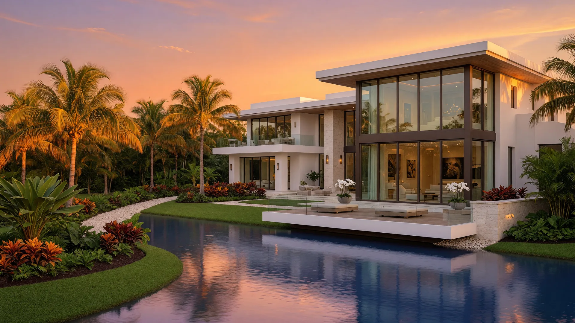 Luxury waterfront home in Naples, Florida at golden hour